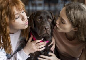 two women are huggind a brown labrador