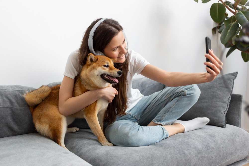 Woman using AI pet care app Pawrpose to connect with her dog