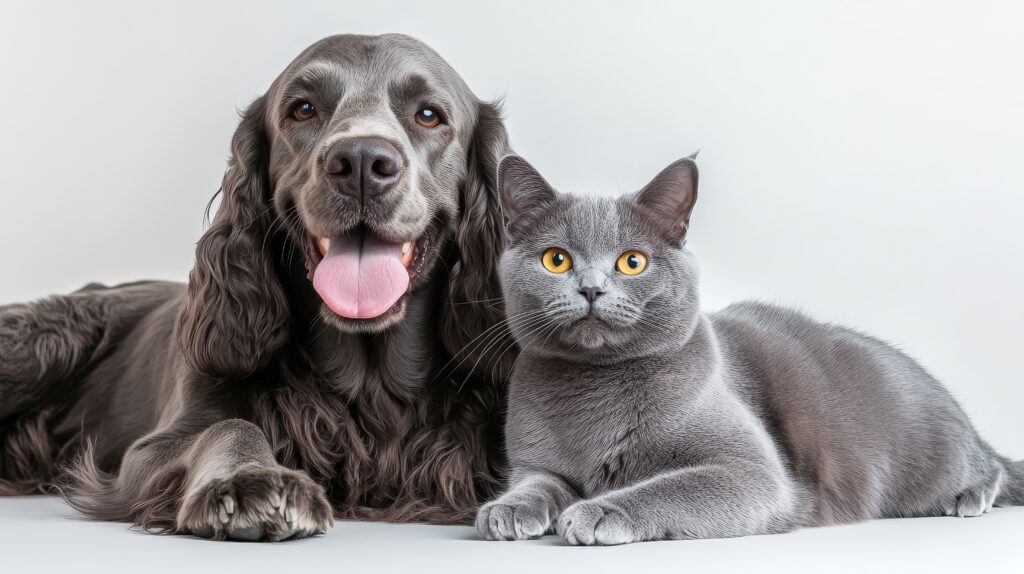 a dog and a cat sitting together in a white backround