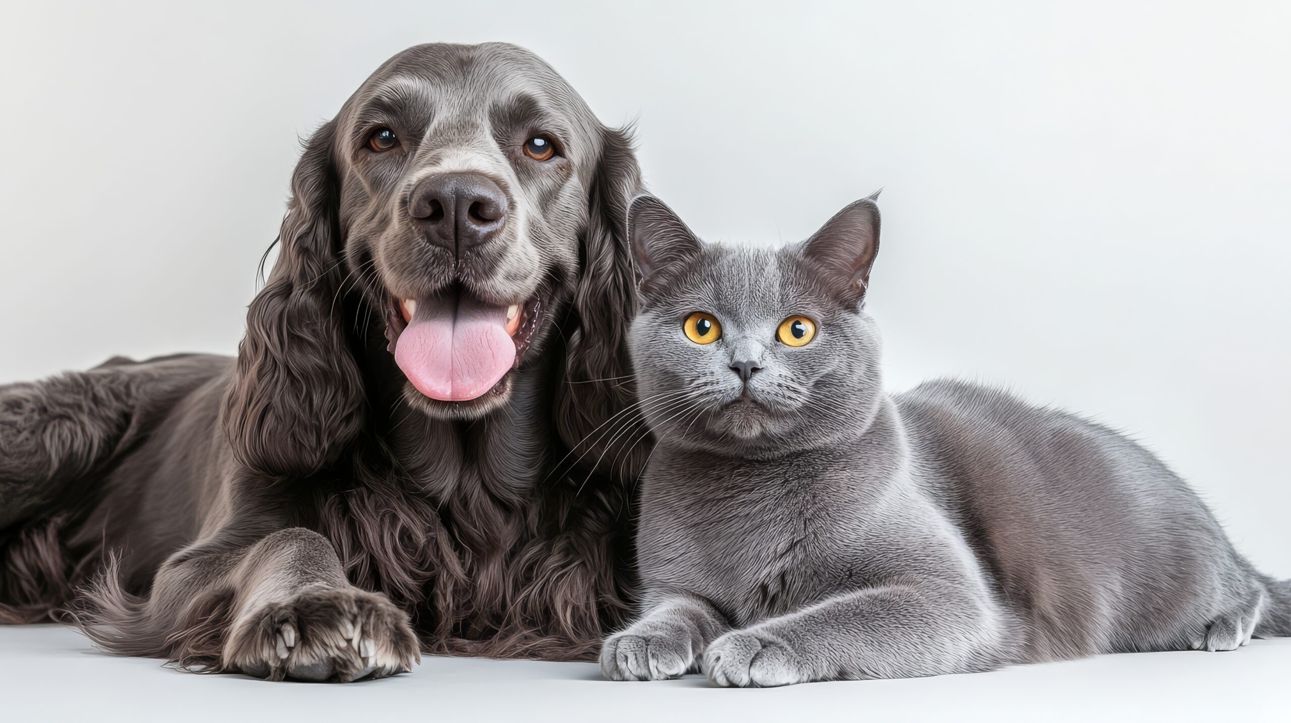 a dog and a cat sitting together in a white backround